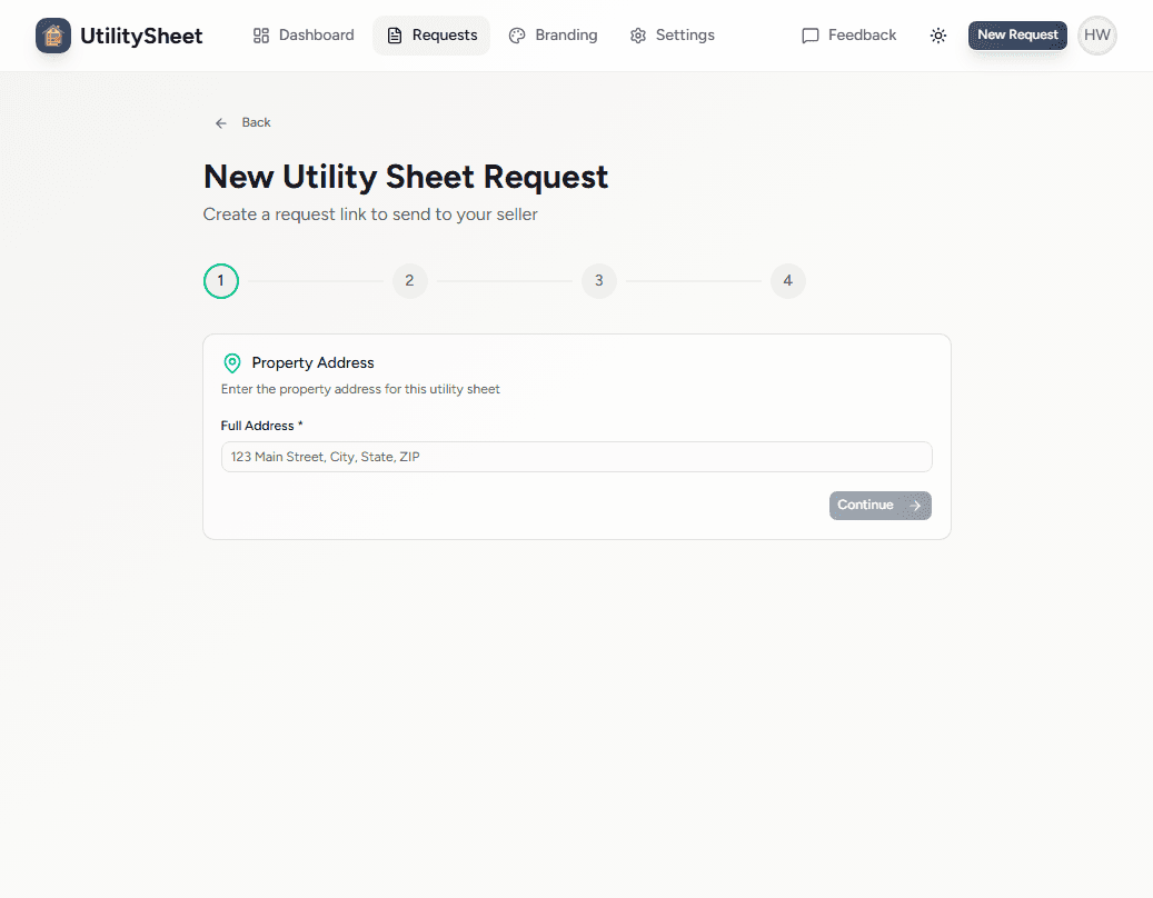 UtilitySheet dashboard showing how to send a reusable seller utility information request