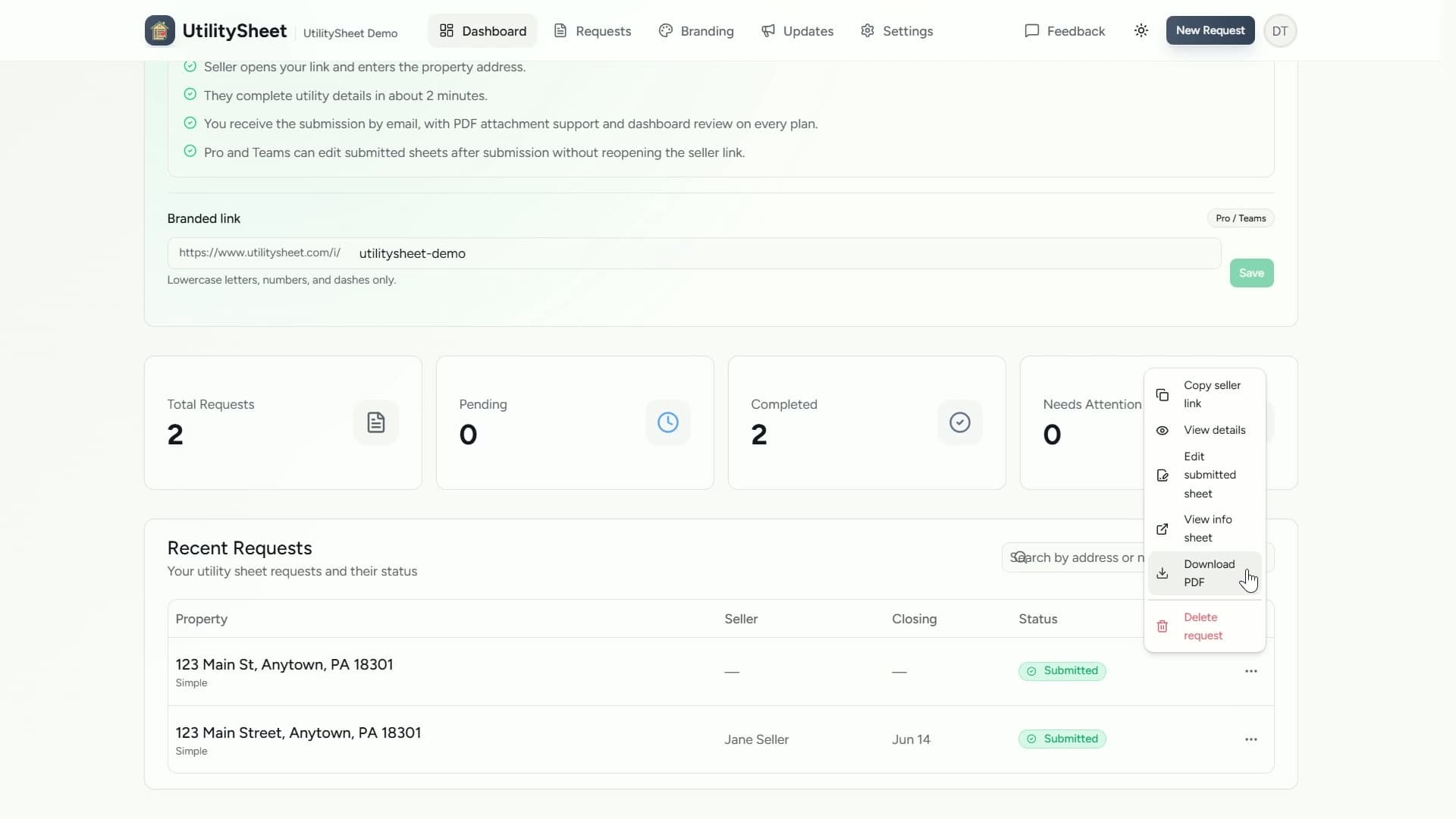 UtilitySheet dashboard showing submitted requests with options to view, edit, and download the PDF