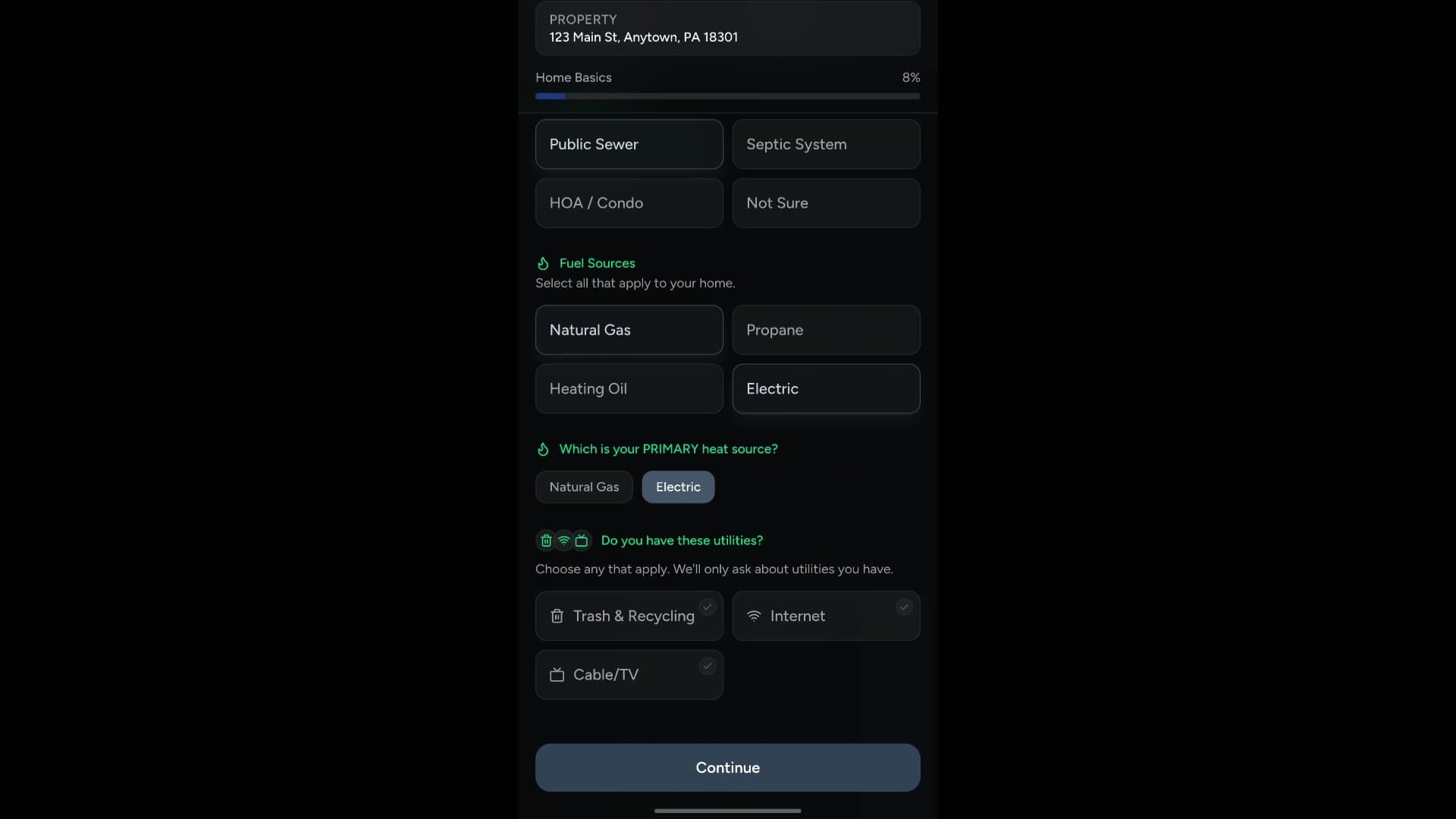 Mobile seller form showing guided utility questions inside UtilitySheet