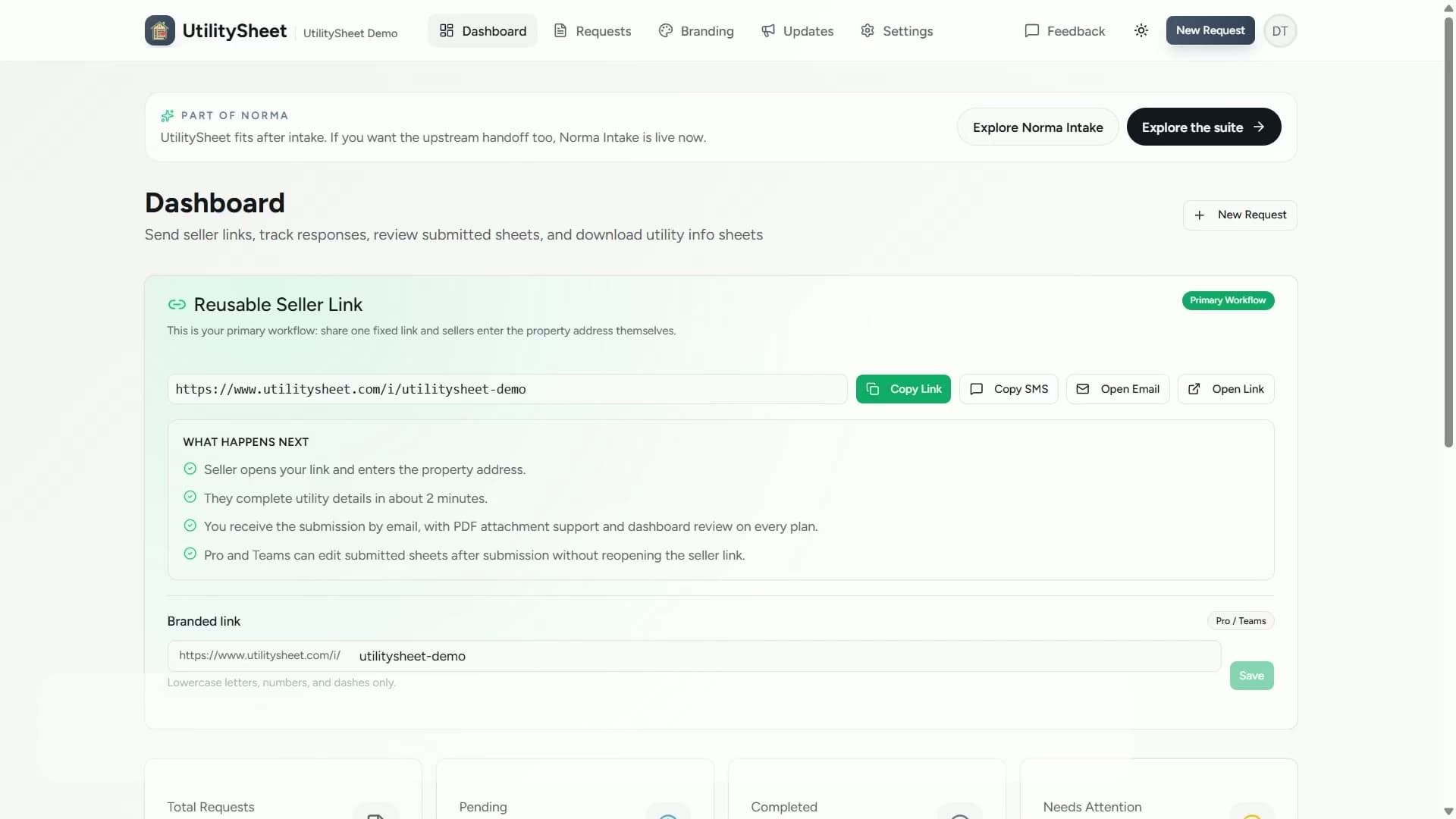 UtilitySheet dashboard showing one reusable seller link ready to copy and send