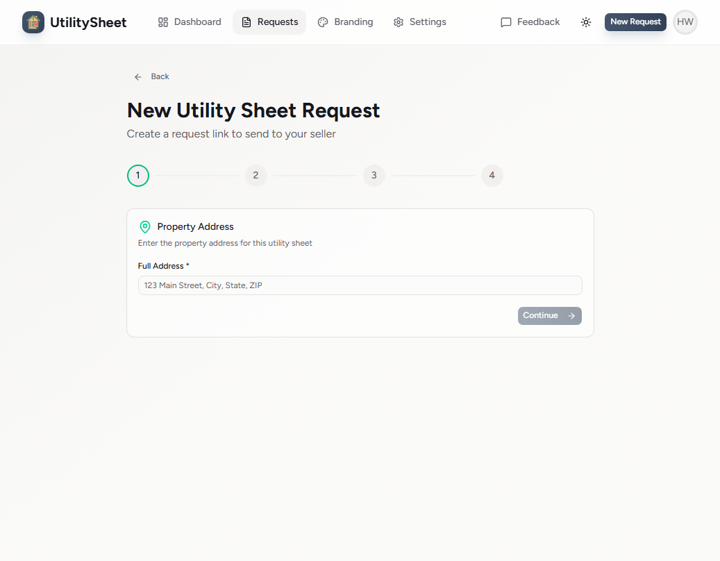 New Request Dashboard - Creating a utility request